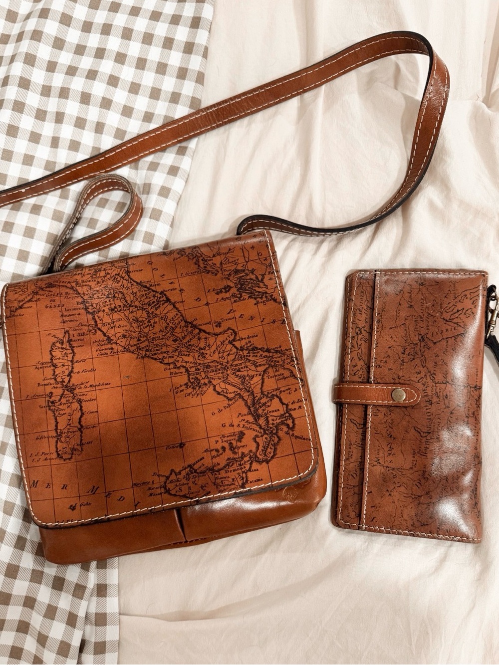 Patricia Nash Brown Leather Crossbody Bag with Map Print & Matching Wallet